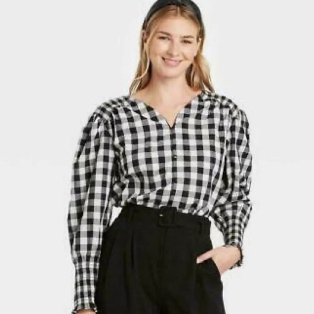 a new day Black & White Gingham Puff-Sleeve Blouse